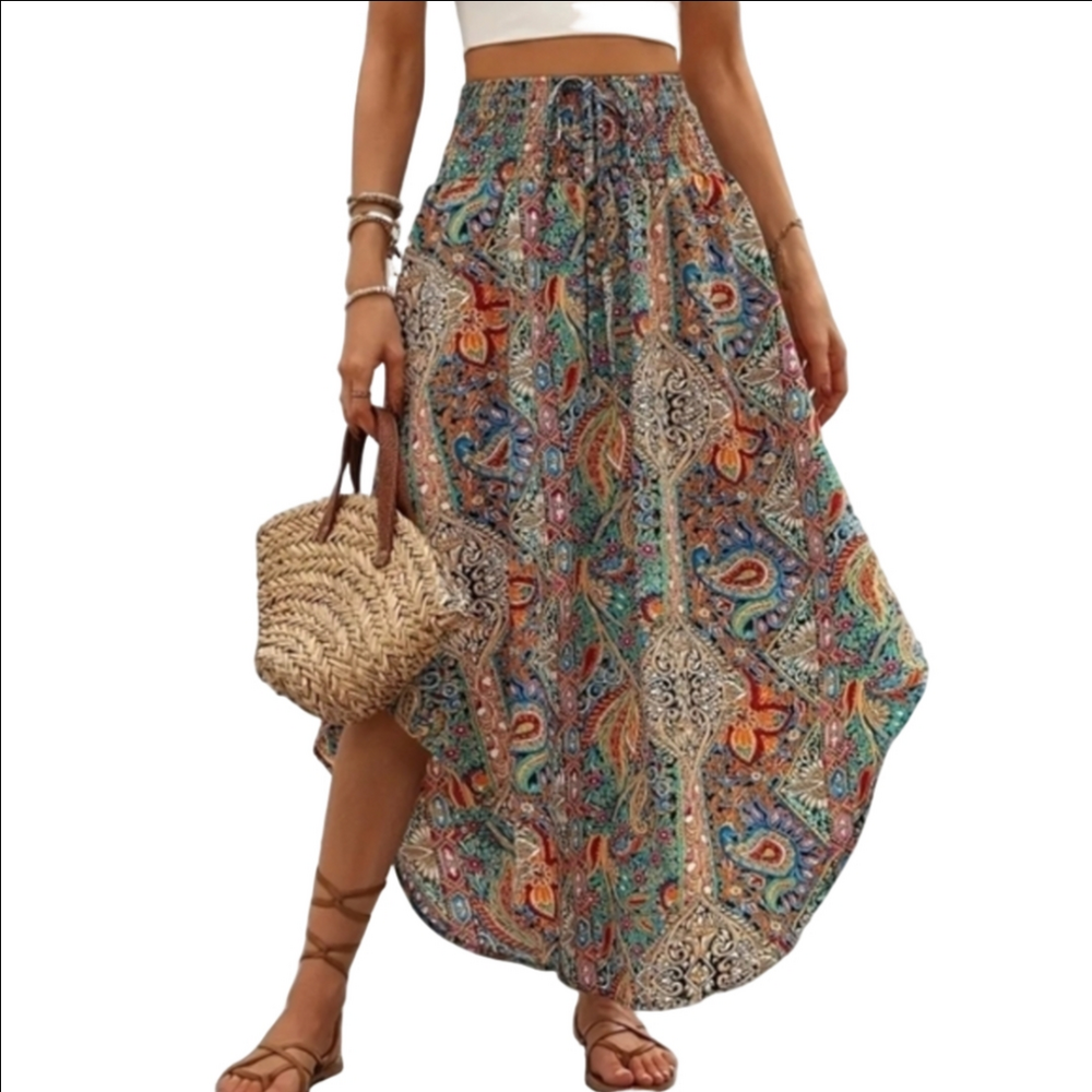 Paisley Skirt Hi-Lo Vacay Outfit Boho Skirts S M L XL XXL Plus Size - Picture 2 of 9